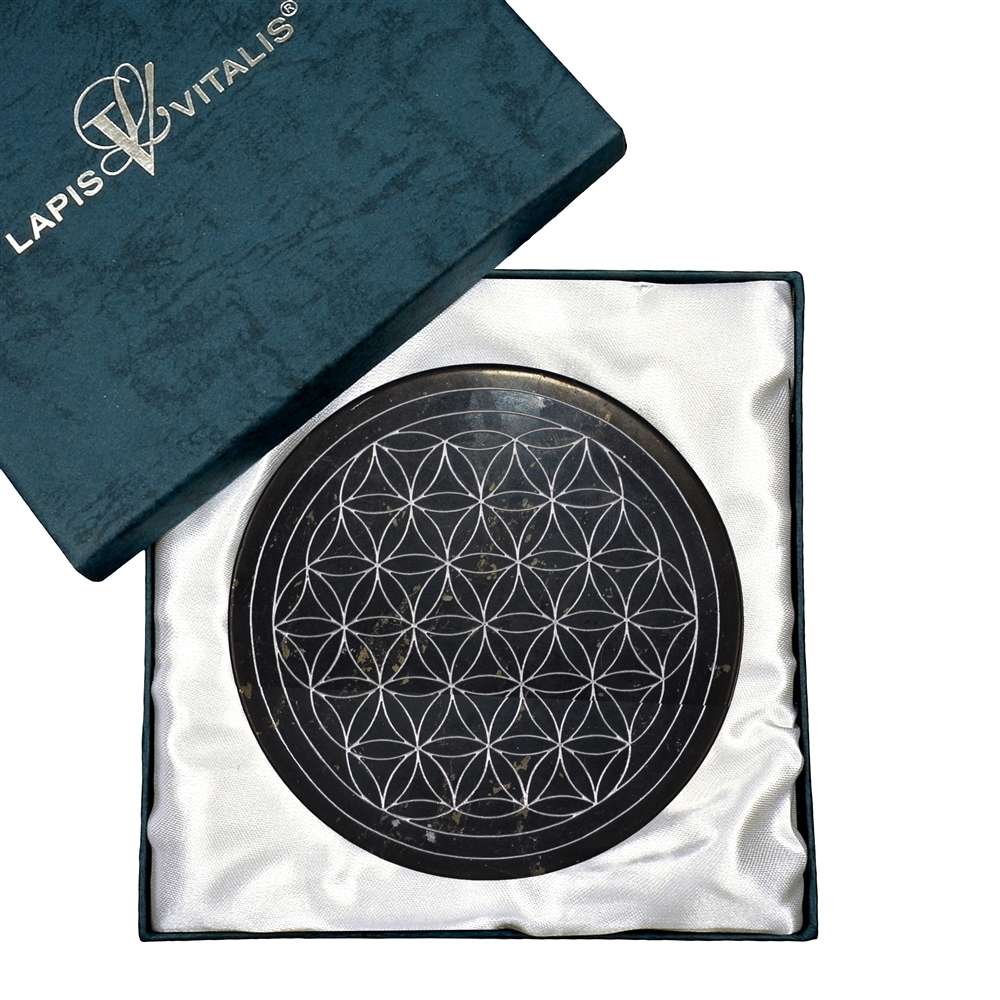 Scheibe Schungit "Blume des Lebens" silberfarben in Geschenkschachtel - 9cm