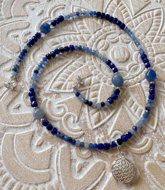 Blauquarz - Lapislazuli - Meeresbrise Schmuck Edelstein Kette - Collier - Edelsteinkette - 925er Silber #7193