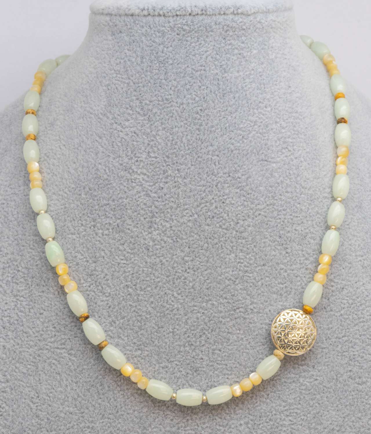 Edelstein Kette - Collier aus Burma Jade - Muschel Perle - Jaspis - 925er Silber - Edelsteinkette #5820