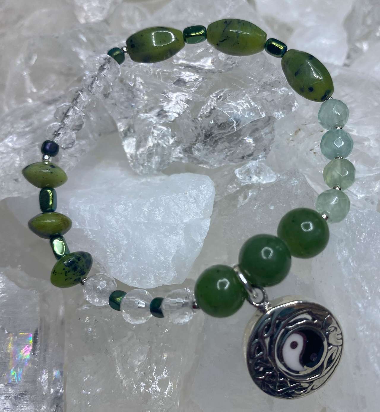 edles Aventurin Jade Edelstein Schmuck Armband . Yin & Yang - Edelsteinarmband - 925er Silber #2206