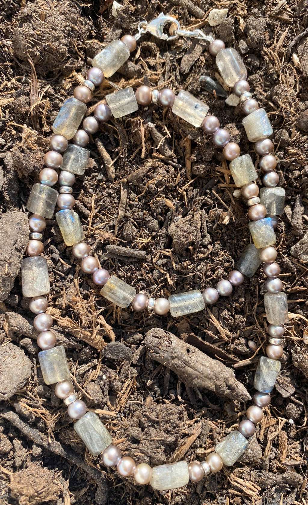 Labradorit - Süßwasserperle Edelstein Kette - Collier - Edelsteinkette - 925er Silber #6403