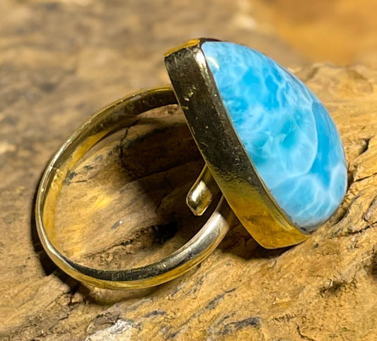 Larimar Ring aus 925er Silber 24K vergoldet Schmuck - Silberring - Größe variabel - #7252