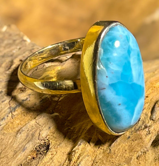 Larimar Ring aus 925er Silber 24K vergoldet Schmuck - Silberring - Größe variabel - #7254