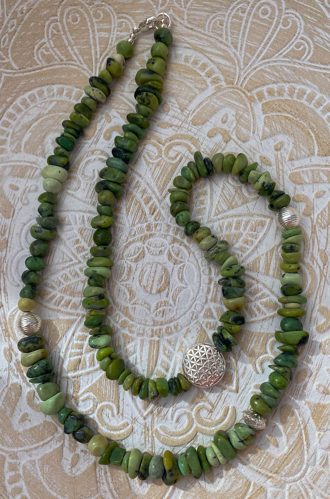 edles Edelstein Kette - Collier aus Nephrit Jade - Blume des Lebens - Edelsteinkette - 925er Silber Schmuck #0017