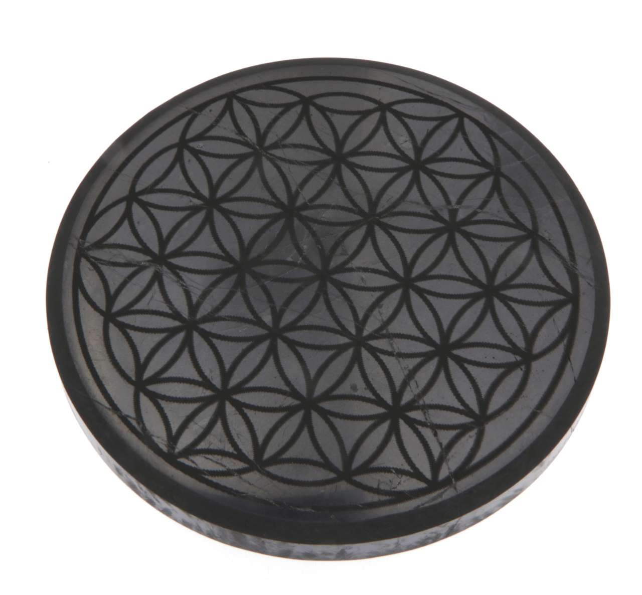 Schungit Platte - Blume des Lebens - Untersetzer Glas - 10 x 1cm, poliert - #6514