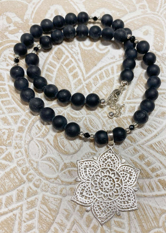 matte schwarzer Turmalin / Schörl Edelstein Schmuck Kette - Collier - 925er Silber #5319