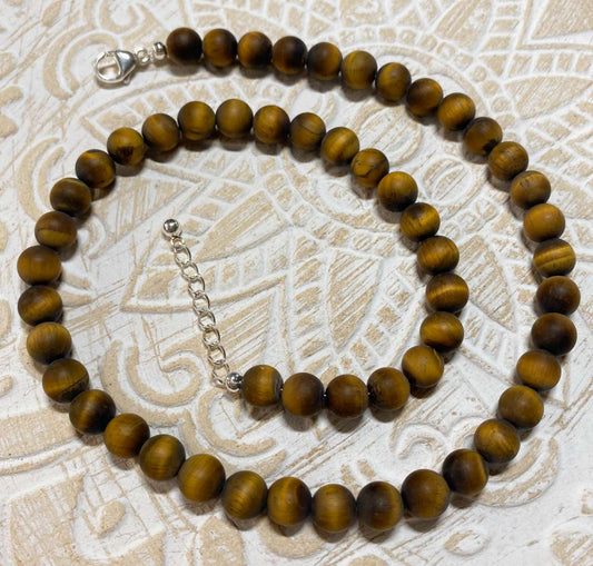 Tigerauge mattiert Edelstein Schmuck Edelsteinkette - Collier - 925er Silber - #6991