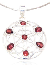 Colgante de granate de plata 925 con diseño de flor de la vida #4069