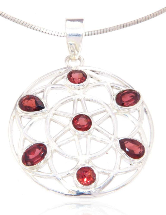 edler Blume des Lebens Schmuck Ketten Anhänger Granat - 925er Silber #4069