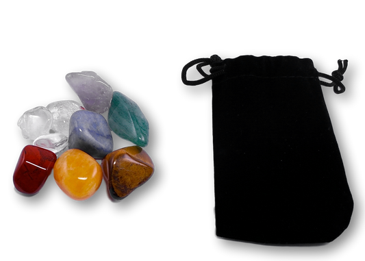 7 Chakra Steine Edelsteine - Handschmeichler - Auflagestein - Set incl. Karte - Beutelchen