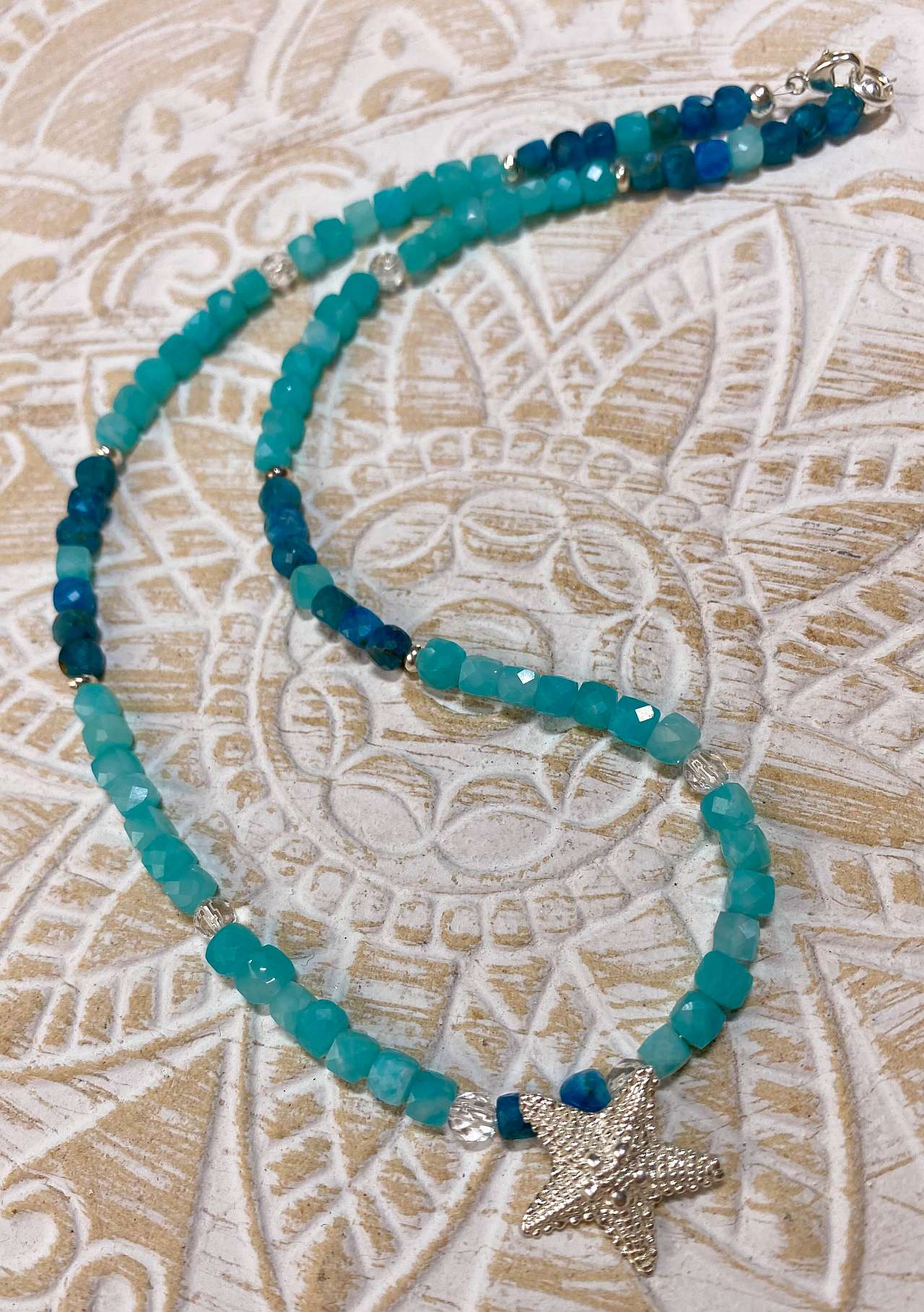 Amazonit - Apatit - Bergkristall Seestern Edelstein Kette - Collier - Edelsteinkette - 925er Silber Schmuck #2150