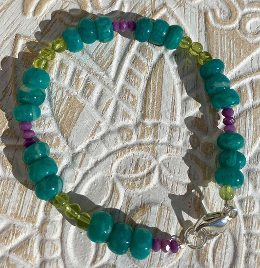 edles Amazonit - Peridot - Phosphosiderit Edelstein Armband - Edelsteinarmband - 925er Silber Schmuck #0474