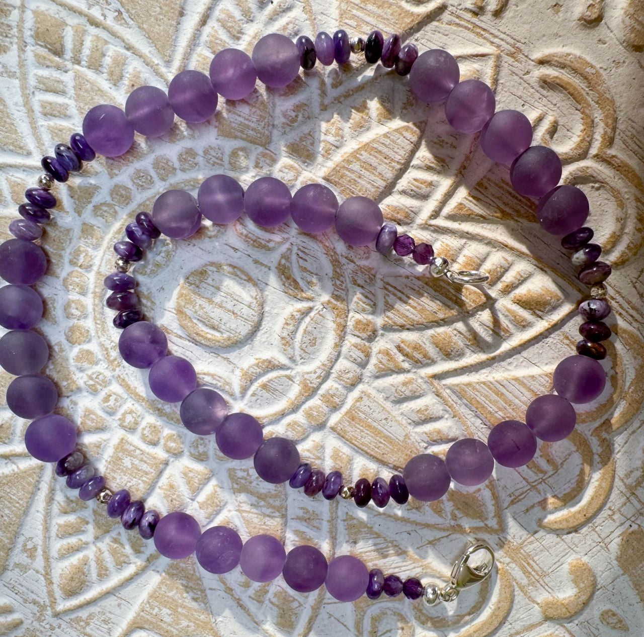 Amethyst matt - Charoit - Edelstein Kette - Collier - Edelsteinkette - 925er Silber Schmuck #7292