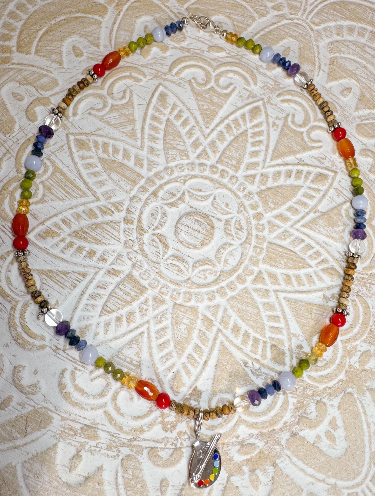 Künstlerkette "Farbklecks" Edelstein Kette - Collier Sodalith - Chalcedon - Edelsteinkette - 925er Silber Schmuck #2152