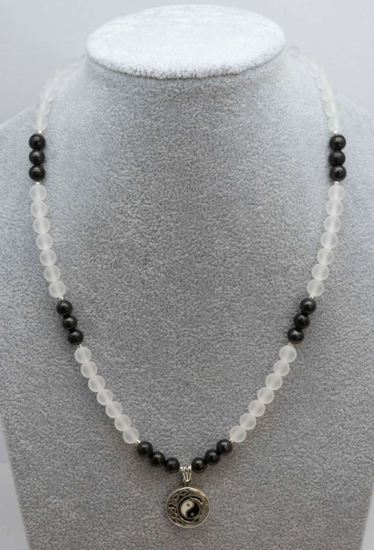 Schungit - Bergkristall Yin Yang Edelstein Kette - Collier - 925er Silber - Edelsteinkette #5786