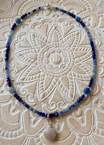 Blauquarz - Lapislazuli - Meeresbrise Schmuck Edelstein Kette - Collier - Edelsteinkette - 925er Silber #7193