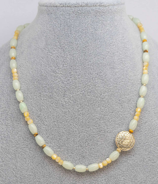 Edelstein Kette - Collier aus Burma Jade - Muschel Perle - Jaspis - 925er Silber - Edelsteinkette #5820