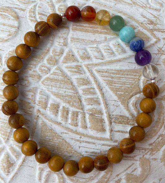 Chakra Holzperlen Edelstein Armband - Edelsteinarmband - Amethyst - Bergkristall - Aventurin Schmuck 925er Silber #6816