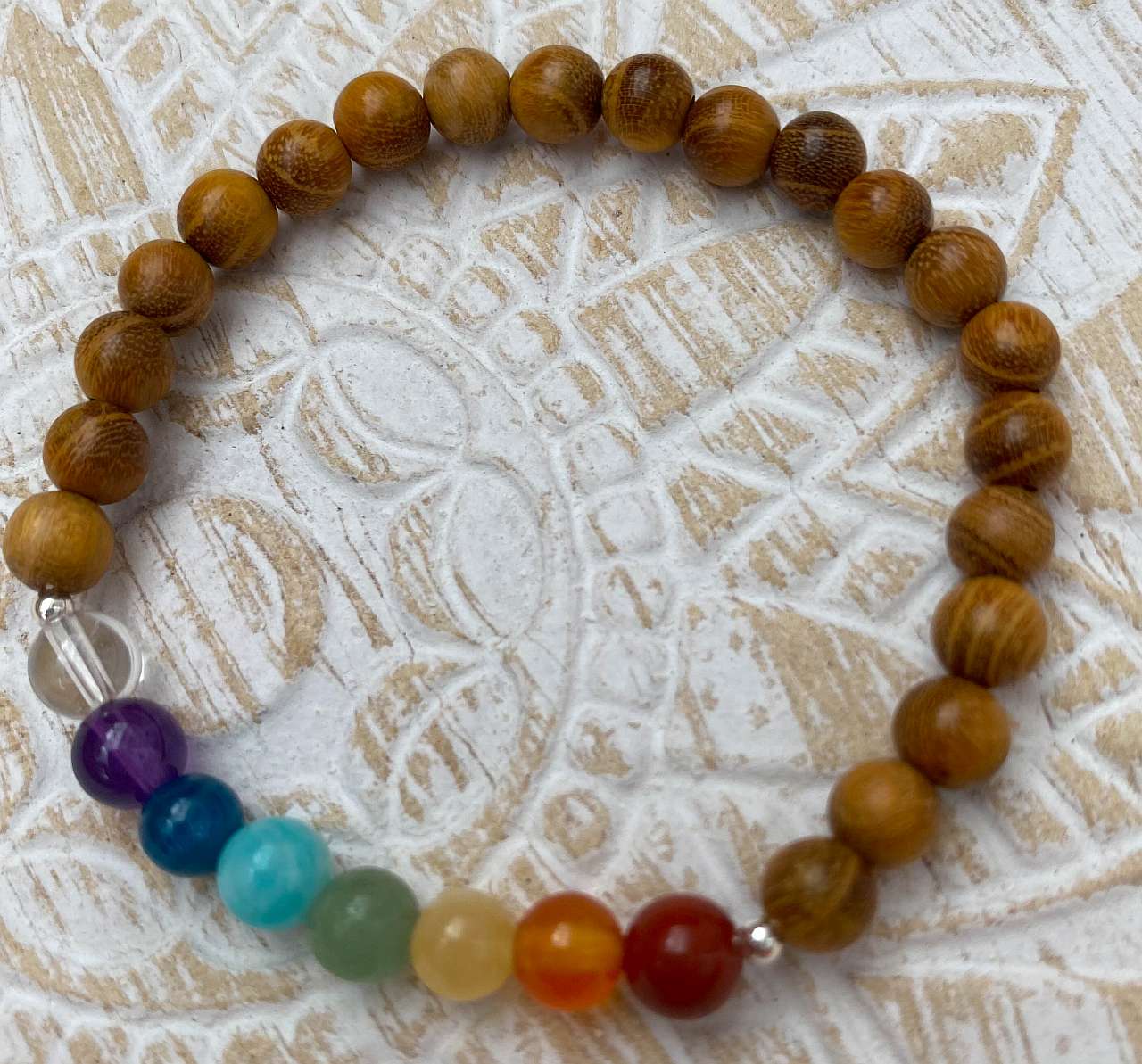 Chakra Holzperlen Edelstein Armband - Edelsteinarmband - Amethyst - Bergkristall - Aventurin Schmuck 925er Silber #6818