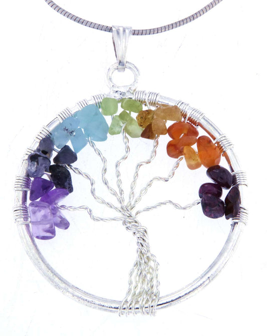 Lebensbaum Anhänger mit Chakra - Edelstein - Baum des Lebens - A Qualität - Schmuck mit 925er Silber versilbert #6734