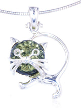 Colgante de ámbar verde noble con forma de gato, calidad A - plata 925 #5796