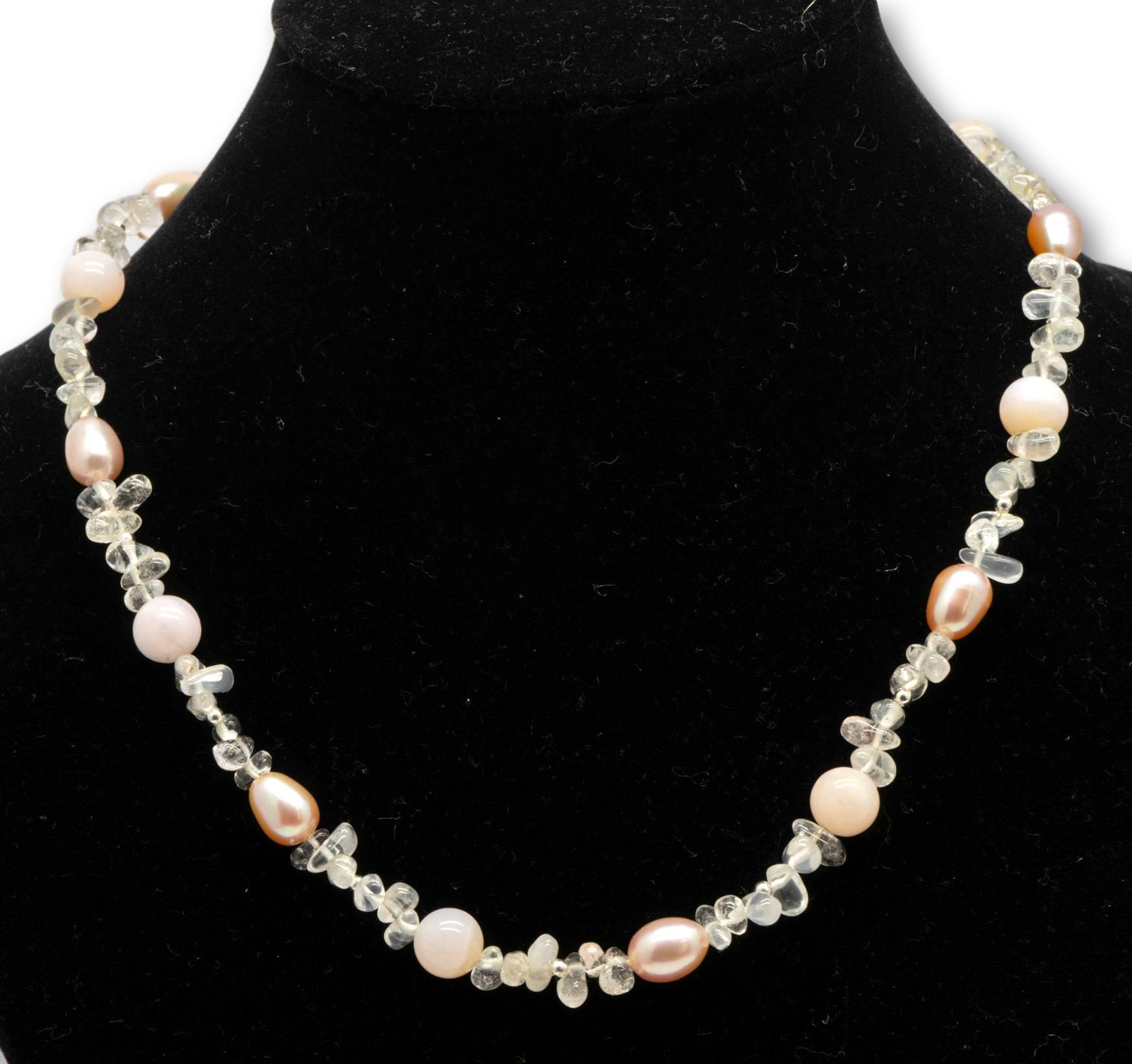 Rosenquarz - Süßwasserperle - Andenopal Edelstein Kette - Collier - 925er Silber #5304