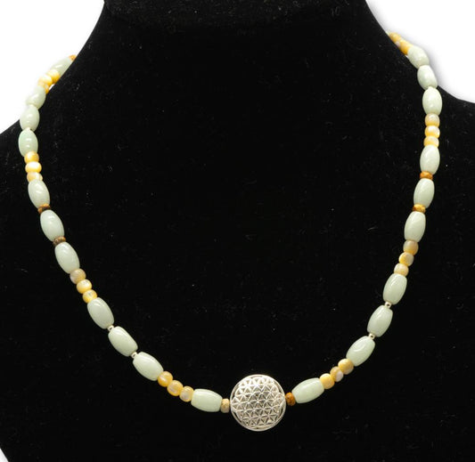 Burma Jade - Muschel Edelstein Kette facettiert - Blume des Lebens - Collier - 925er Silber #5318