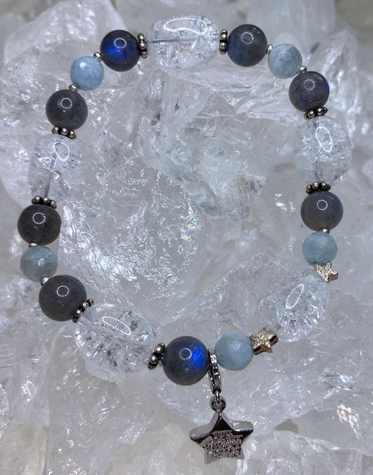 Labradorit - Aquamarin Edelstein Armband - Edelsteinarmband - 925er Silber - #6161