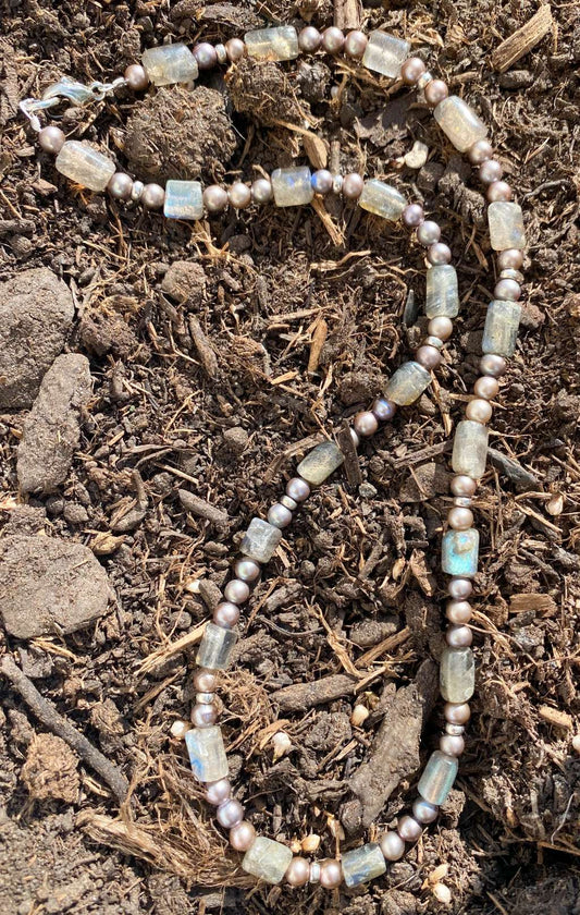 Labradorit - Süßwasserperle Edelstein Kette - Collier - Edelsteinkette - 925er Silber #6403