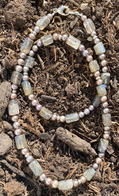 Labradorit - Süßwasserperle Edelstein Kette - Collier - Edelsteinkette - 925er Silber #6403