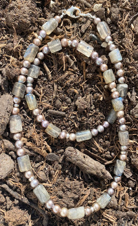 Labradorit - Süßwasserperle Edelstein Kette - Collier - Edelsteinkette - 925er Silber #6403