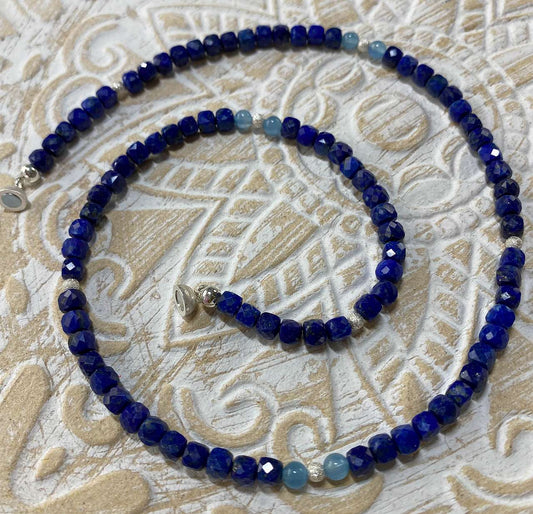 Lapislazuli - Lapis Lazuli - Aquamarin - Edelstein Kette - Collier - Edelsteinkette - 925er Silber Schmuck #6151
