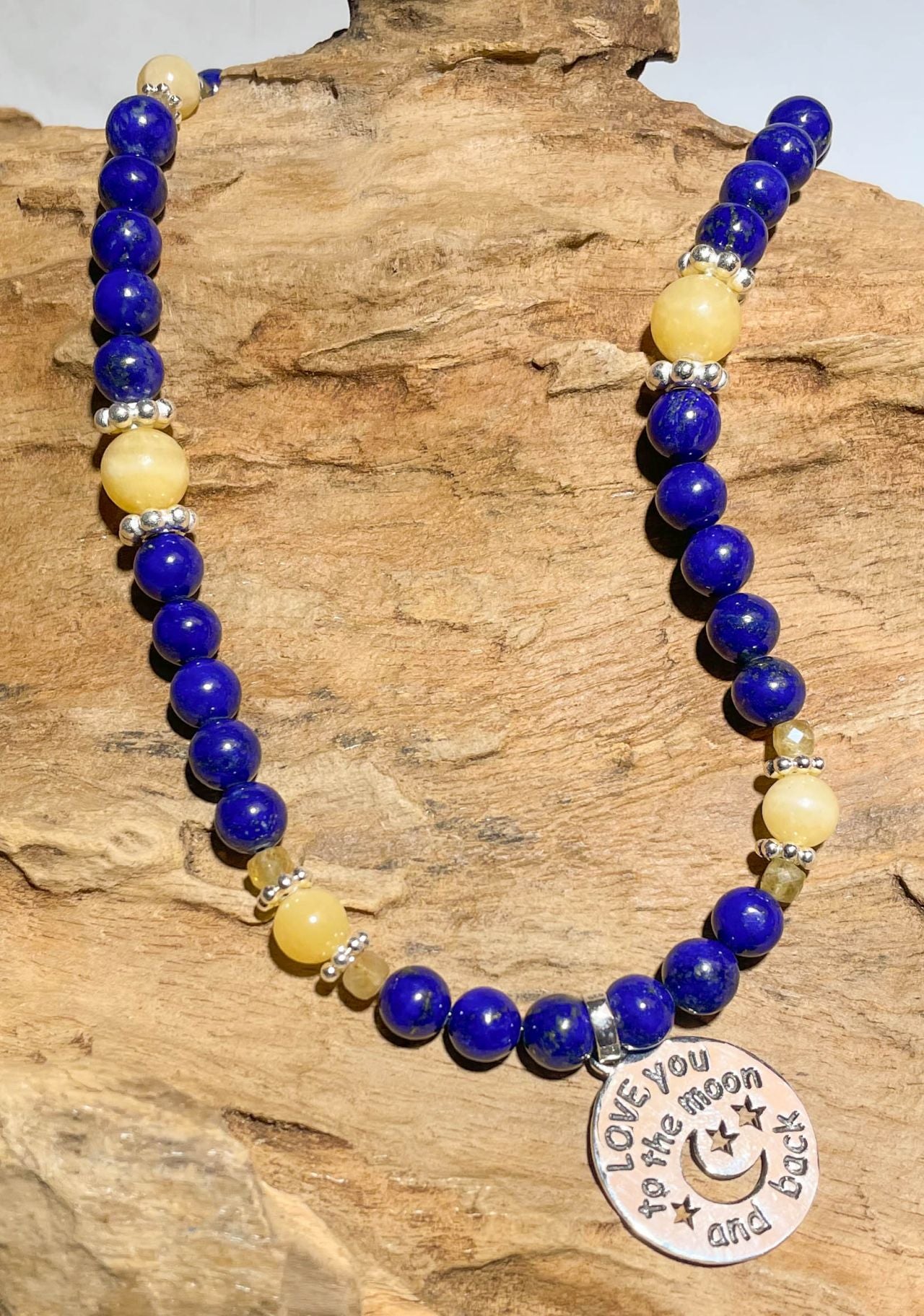Liebes - Mond Edelstein Kette - Collier Lapislazuli - Orangencalcit - 925er Silber Schmuck - Edelsteinkette #1119