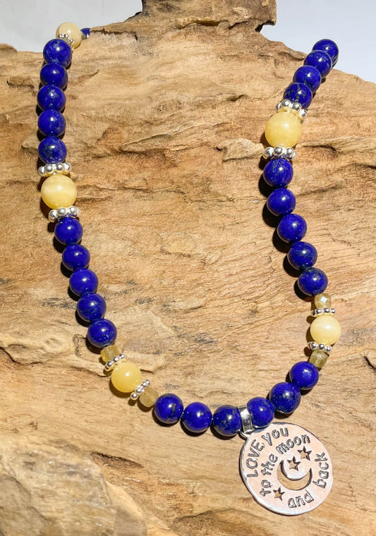 Liebes - Mond Edelstein Kette - Collier Lapislazuli - Orangencalcit - 925er Silber Schmuck - Edelsteinkette #1119