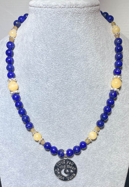 Liebes - Mond Edelstein Kette - Collier Lapislazuli - Orangencalcit - 925er Silber Schmuck - Edelsteinkette #1119