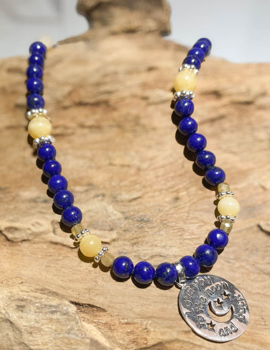 Liebes - Mond Edelstein Kette - Collier Lapislazuli - Orangencalcit - 925er Silber Schmuck - Edelsteinkette #1119