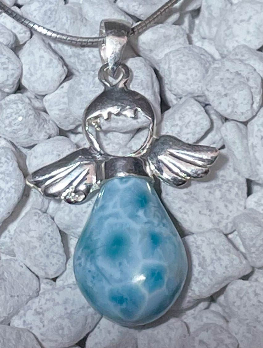Engel Anhänger mit Larimar - Atlantisstein - Edelstein - Silberanhänger - A Qualität - 925er Silber Schmuck #7181