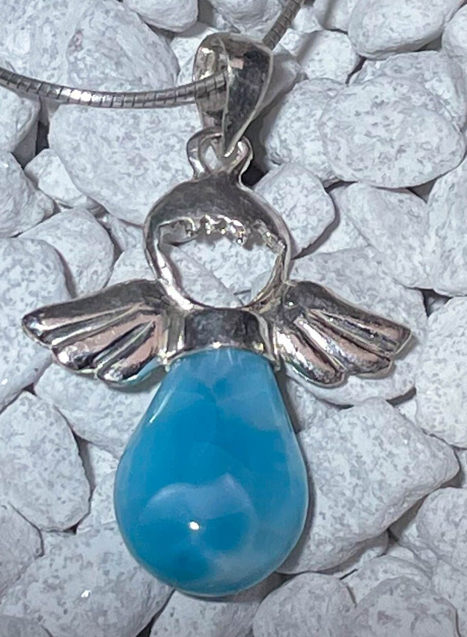 Engel Anhänger mit Larimar - Atlantisstein - Edelstein - Silberanhänger - A Qualität - 925er Silber Schmuck #7183