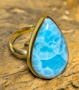 Larimar Ring aus 925er Silber 24K vergoldet Schmuck - Silberring - Größe variabel - #7252