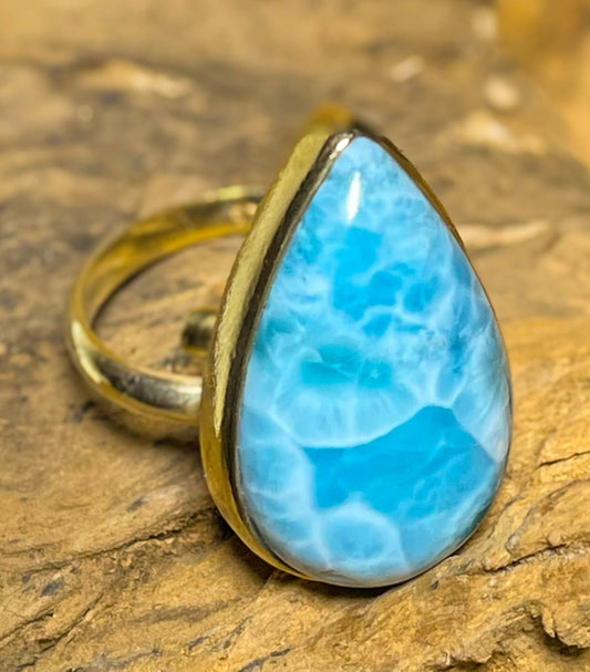 Larimar Ring aus 925er Silber 24K vergoldet Schmuck - Silberring - Größe variabel - #7252