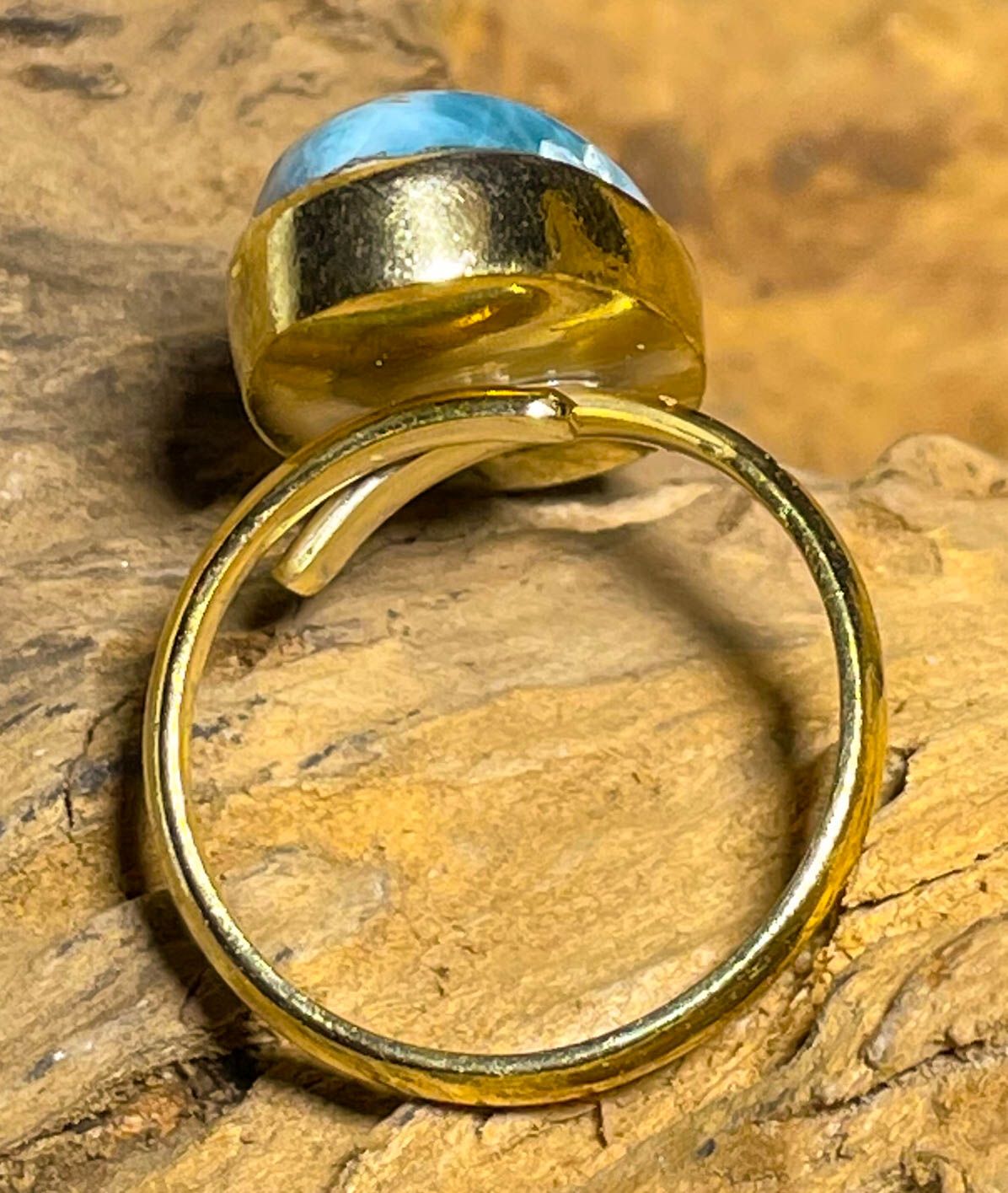 Larimar Ring aus 925er Silber 24K vergoldet Schmuck - Silberring - Größe variabel - #7254