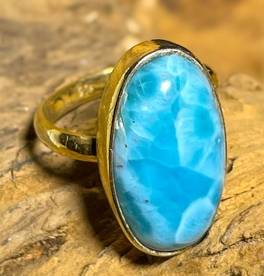 Larimar Ring aus 925er Silber 24K vergoldet Schmuck - Silberring - Größe variabel - #7254