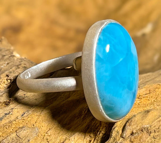 Larimar Ring aus 925er Silber mattiert Schmuck - Silberring - Größe variabel - #7251