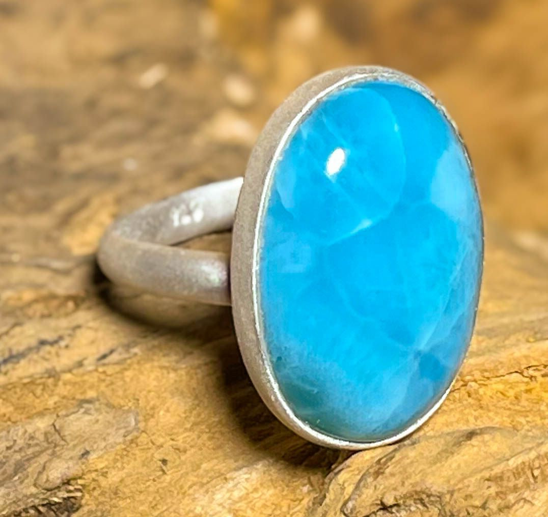 Larimar Ring aus 925er Silber mattiert Schmuck - Silberring - Größe variabel - #7251