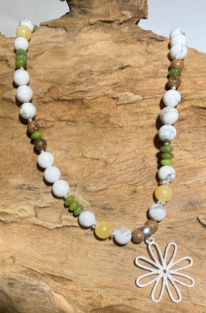 "Flower Power" Edelstein Magnesit Kette - Collier Blume - 925er Silber Schmuck #3107