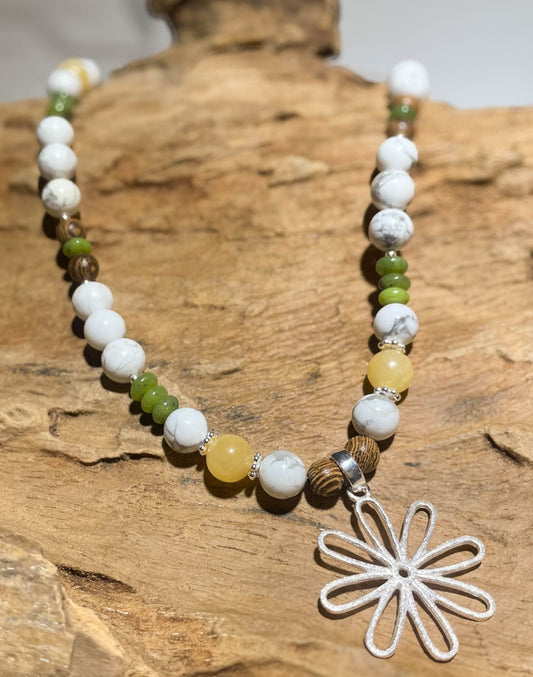 "Flower Power" Edelstein Magnesit Kette - Collier Blume - 925er Silber Schmuck #3107