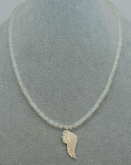 Mondstein Engelsflügel - weißer Labradorit - Regenbogenmondstein - Collier - Edelsteinkette - 925er Silber #6135