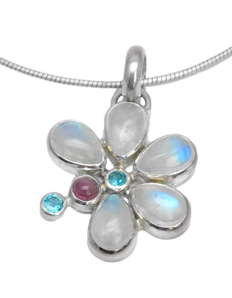 Edelstein Schmuck Ketten Anhänger mit Regenbogenmondstein - Mondstein Blume A Qualität - 925er Silber #5787