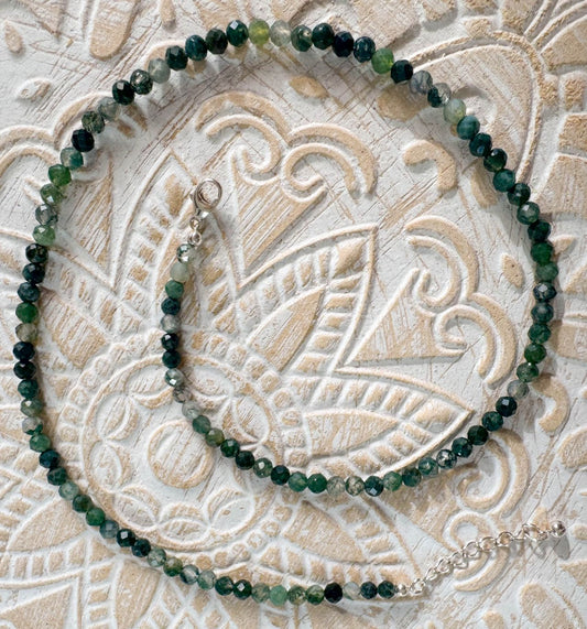 Moosachat facettiert Edelstein Kette - Collier - Edelsteinkette - 925er Silber Schmuck #7293