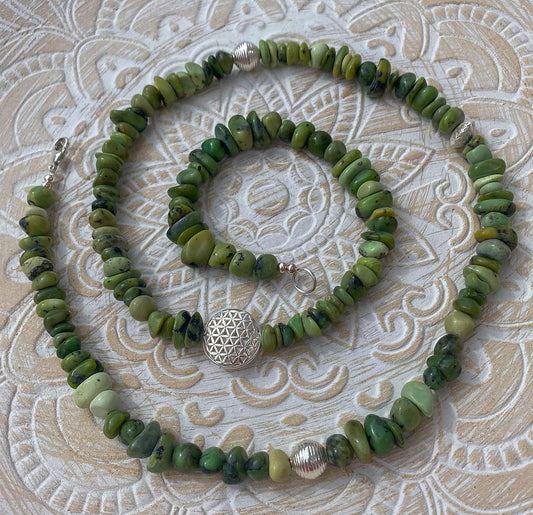 edles Edelstein Kette - Collier aus Nephrit Jade - Blume des Lebens - Edelsteinkette - 925er Silber Schmuck #0017